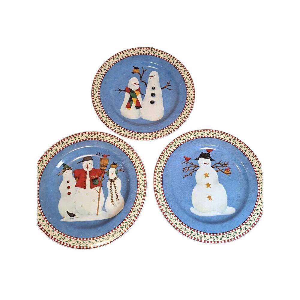Debbie Mumm Christmas Plates Dishes (3) Rustic Cottage 8" Vintage 1990s Snowman